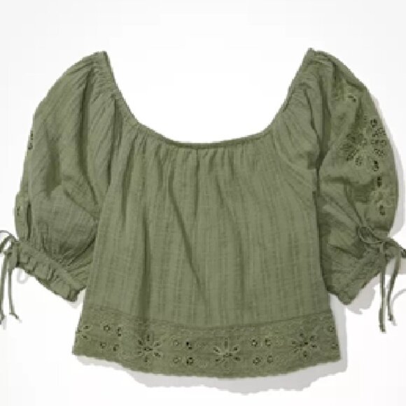 NWOT American Eagle Olive Green Eyelet Half Sleeve Wide Neck Puff Sleeve Top L - Picture 3 of 6